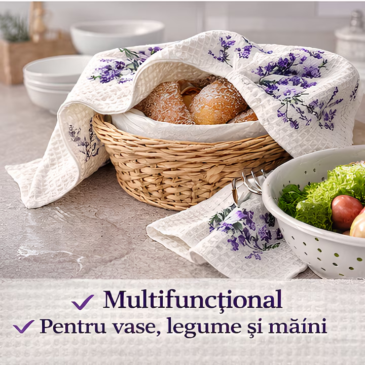 Set 6 Prosoape de bucatarie, NEVERMORE, 40 x 60 cm, Design Lavanda, Bumbac, Densitate 400g/mp, Lavanda