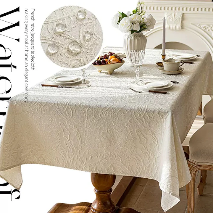 Fata de Masa Jacquard, Stil Francez Elegant Clasic, Dreptunghi, Rezistenta la stropire, pentru Bucatarie si Dining, 145 × 220 cm, Alb Orez