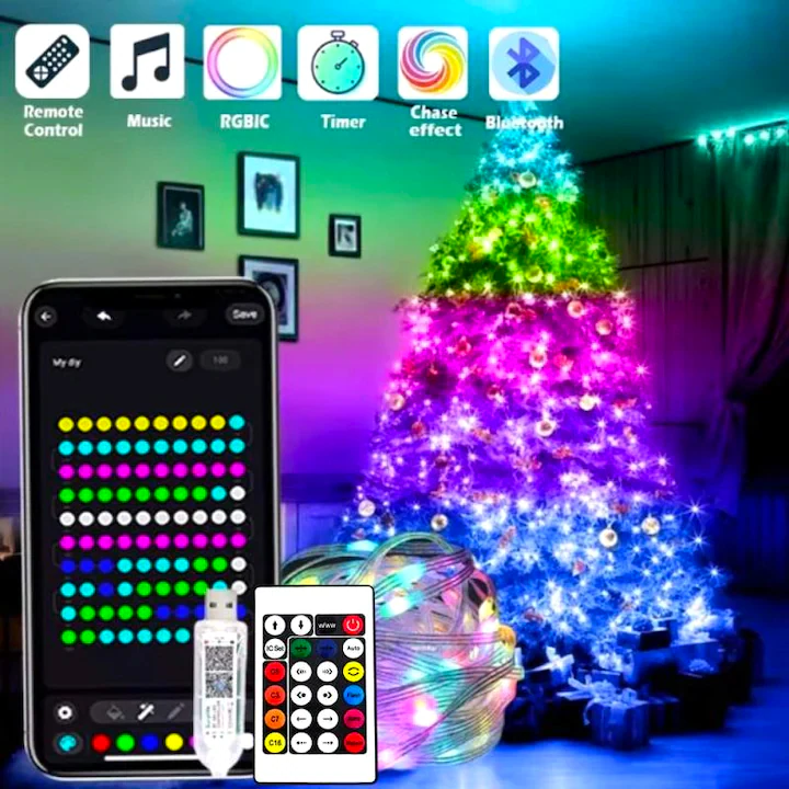 Instalatie Craciun Brad Smart cu telecomanda, NEVERMORE, RGB, 100 LED-uri, 10m, Tip fir, Schimbare Libera a Culorilor prin Aplicatie Bluetooth, Exterior/Interior, Alimentare USB, Multicolora