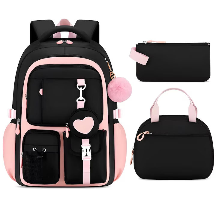 Set Ghiozdan scolar 3 in 1 pentru Fete, Rucsac 45x30x17 cm, Geanta Pranz si Penar, Compartiment Laptop, Multiple Buzunare, Rezistent la Apa