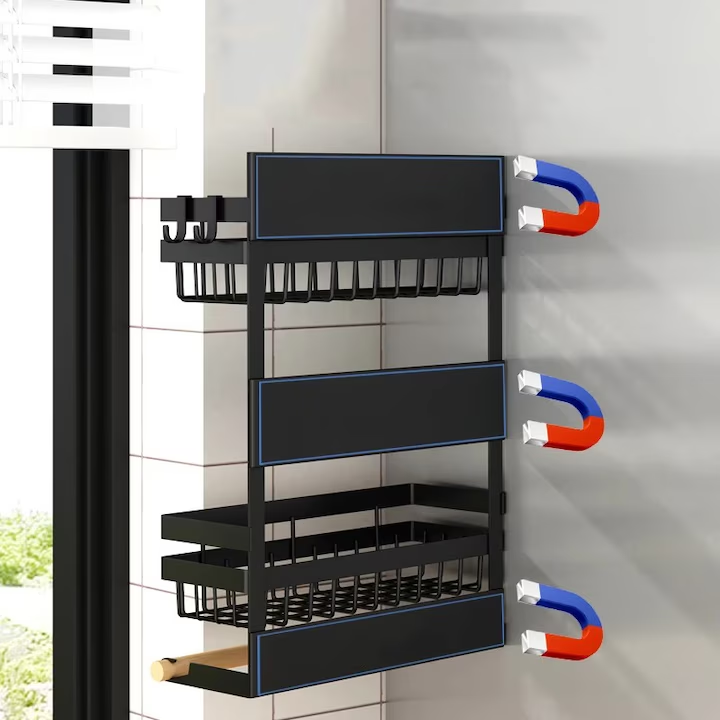 Raft universal cu suport rola prosop, NEVERMORE, cu 4 carlige, prindere magnetica, 45 x 30 x 11.5 cm, Negru