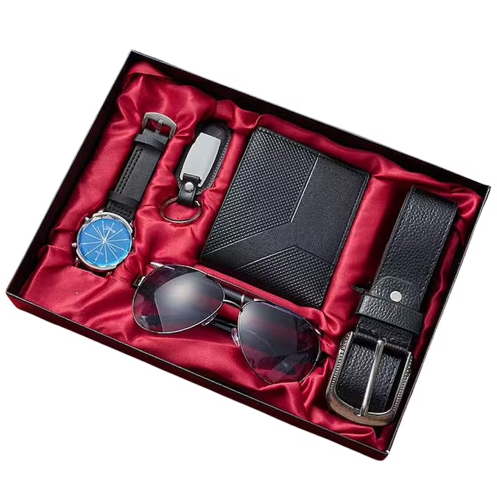 Set cadou pentru barbati 6 piese, NEVERMORE, Ceasuri, ochelari de soare, curele, portofel, pix si breloc, Negru