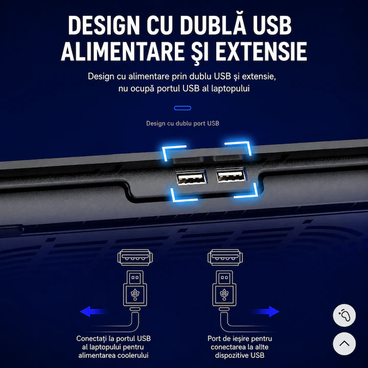 Cooler Laptop Gaming RGB cu 2 Ventilatoare Puternice si Silentioase cu Viteza Ajustabila, 10 Efecte de Iluminare, Ecran LCD, 8 Trepte de Inaltime, USB Pass-Through, Suport Telefon, pentru Birou, Calatorii, Negru