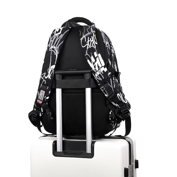 Ghiozdan scoala, NEVERMORE, Logo avion, Stil simplu pentru calatorie si scolar, capacitate mare, 48 x 33 x 19 cm, Negru