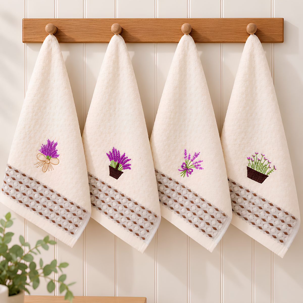 Set 12 Prosoape de Bucatarie cu Broderie Florala, 48 x 25 cm, Model Lavanda, Bordura Decorativa, Textura Reliefata, Culoare Crem