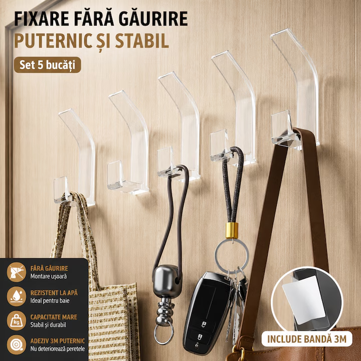 Set 5 Cuiere Adezive de Perete, Carlige Adezive Fara Gaurire, Autoadezive cu Banda 3M, Rezistente la Apa, ABS, pentru Baie, Bucatarie si Hol, Negru