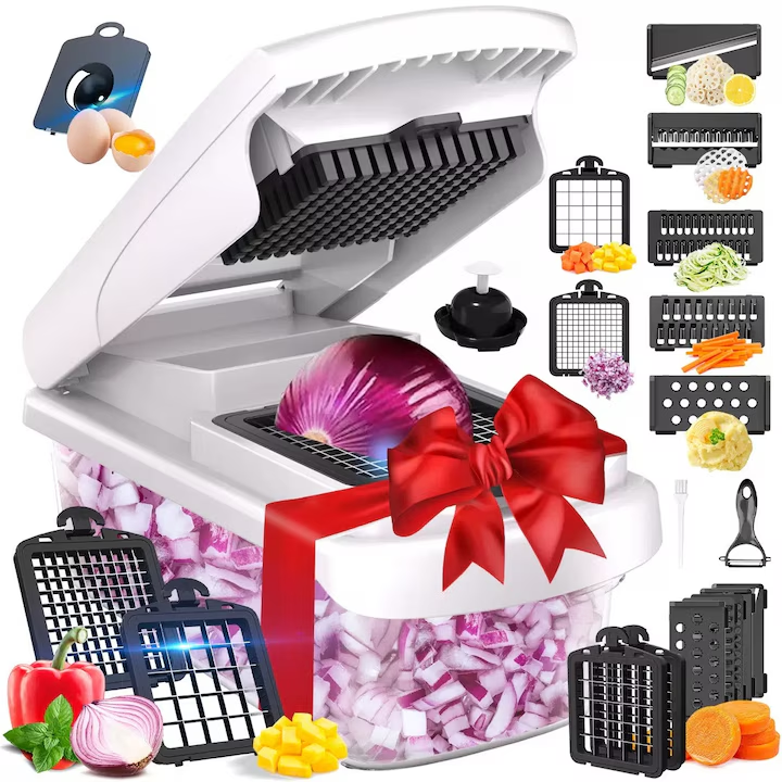 Tocator de Legume 15 in 1, NEVERMORE, Feliator multifunctional, separator de albusuri, maruntitor, feliere, cadou perfect, Lame inox, Alb/Negru
