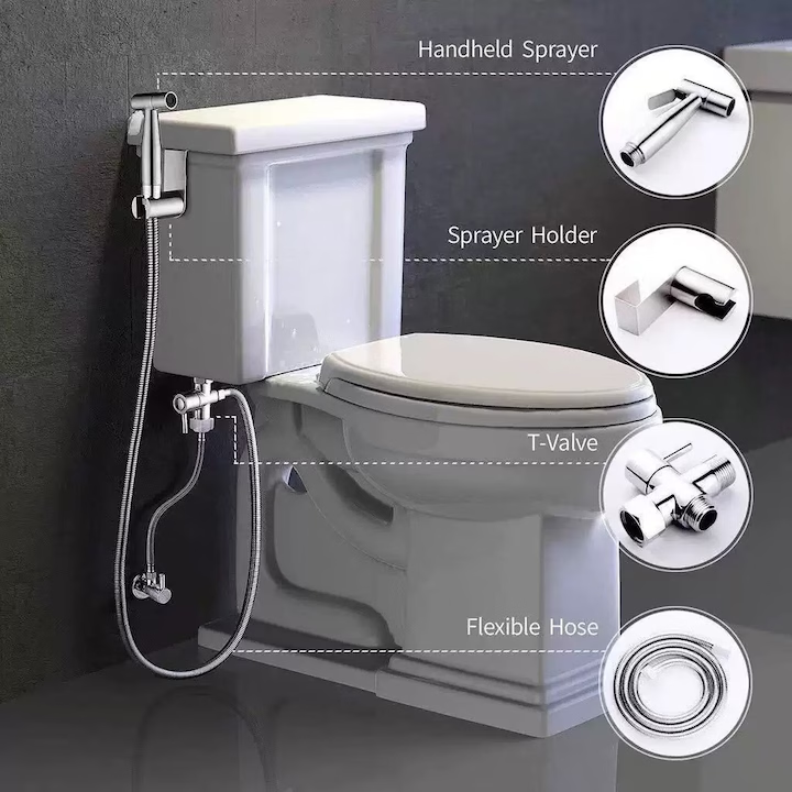 Set Dus Igienic Bidet, NEVERMORE, Presiune Reglabila, Otel Inoxidabil, Pentru Toaleta si Igiena Intima, Cu Baterie, Par, Furtun si Suport, Argintie