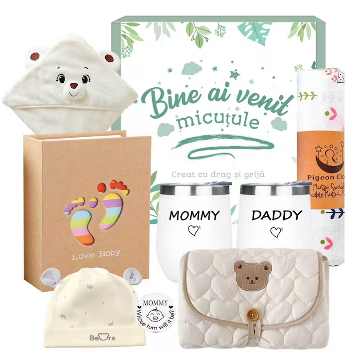 Set cadou premium pentru nou-nascut, NEVERMORE, Caciulita, Saltea infasat, Prosop cu gluga, Album foto, Muselina bumbac, Banut amuzant, cutie cadou