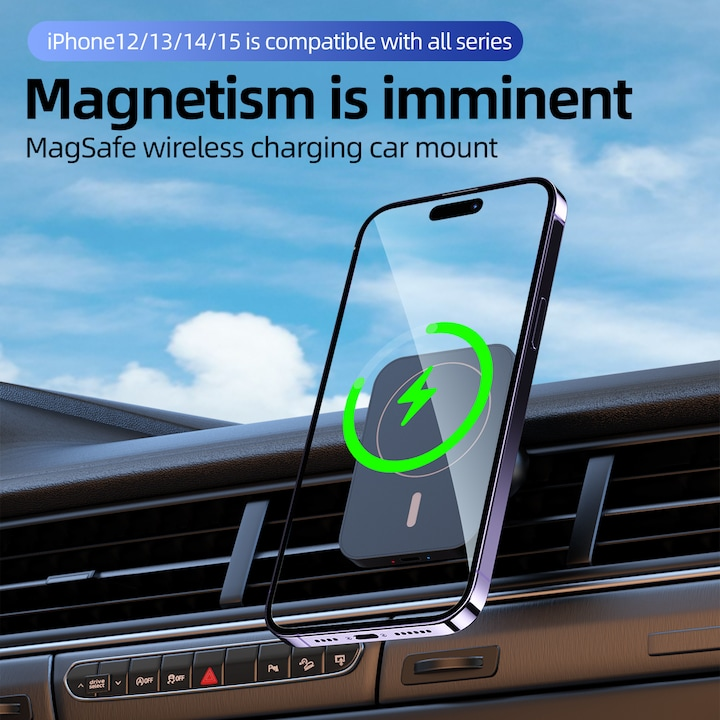 Incarcator auto wireless magnetic MagSafe, NEVERMORE, 15W Fast Charging, Rotire 360 grade, compatibil cu iPhone 15/14/13/12, Negru