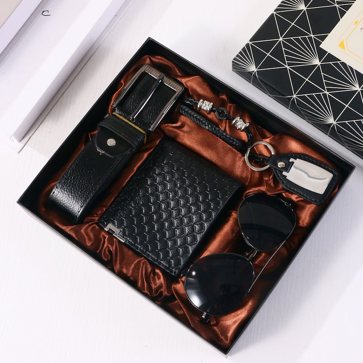 Set cadou pentru barbati 5 piese, NEVERMORE, ochelari de soare, curele, portofel, bratara si breloc, perfect pentru el, domnule, tata, sot, fiu, frate, coleg, Negru
