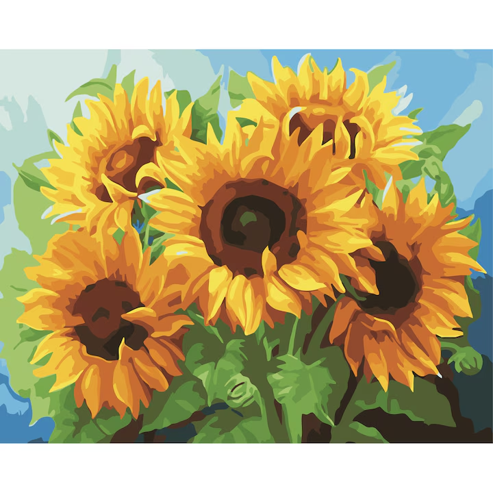 Set pictura pe numere - panza pe rama lemn 40x50 cm, Floarea soarelui, NEVERMORE®, tablou cu schita, 3 pensule si vopsea acrilica