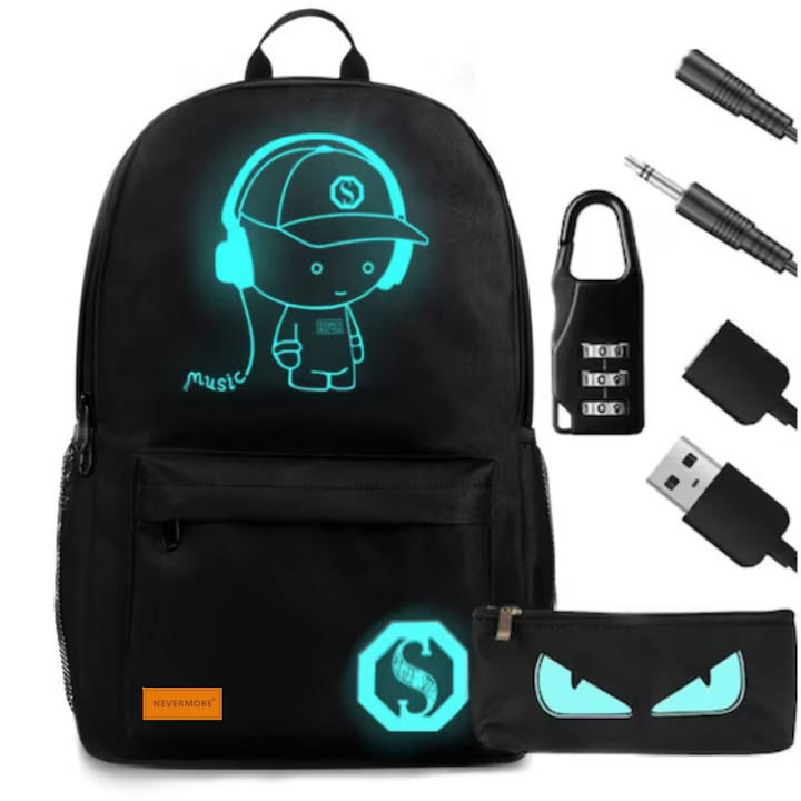 Ghiozdan scoala, NEVERMORE, prelungitor incarcare USB, mufa Jack pentru casti, lacat cu cifru, penar, imprimeu fosforescent, 45x30x16 cm, Negru