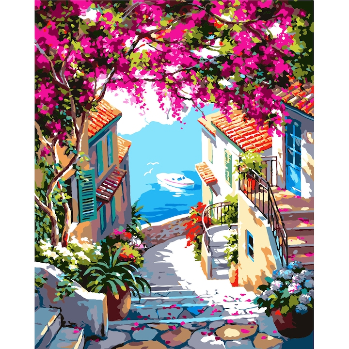 Set pictura pe numere - panza pe rama lemn 40x50 cm, primavara, NEVERMORE®, tablou cu schita, 3 pensule si vopsea acrilica