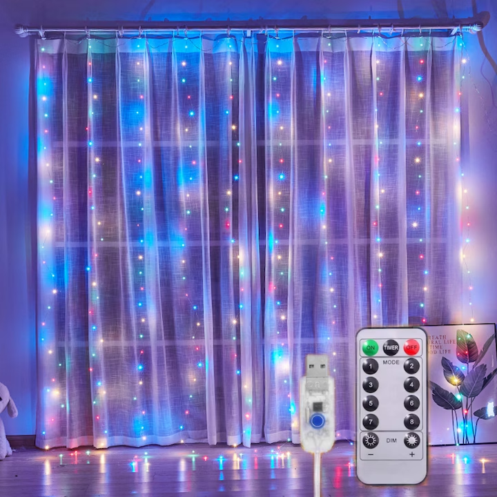 Instalatie de Craciun, NEVERMORE, Perdea, 3 m x 3 m, 300 led, 8 Moduri, alimentare USB, cu carlig, Rezistent Apa, Luminozitate reglabila, cu Telecomanda, Multicolor
