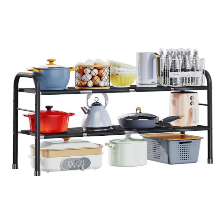 Raft organizator extensibil cu 2 etaje, NEVERMORE, 67-82 x 24.5 x 41.5 cm, pentru spatiul de sub chiuveta, Negru