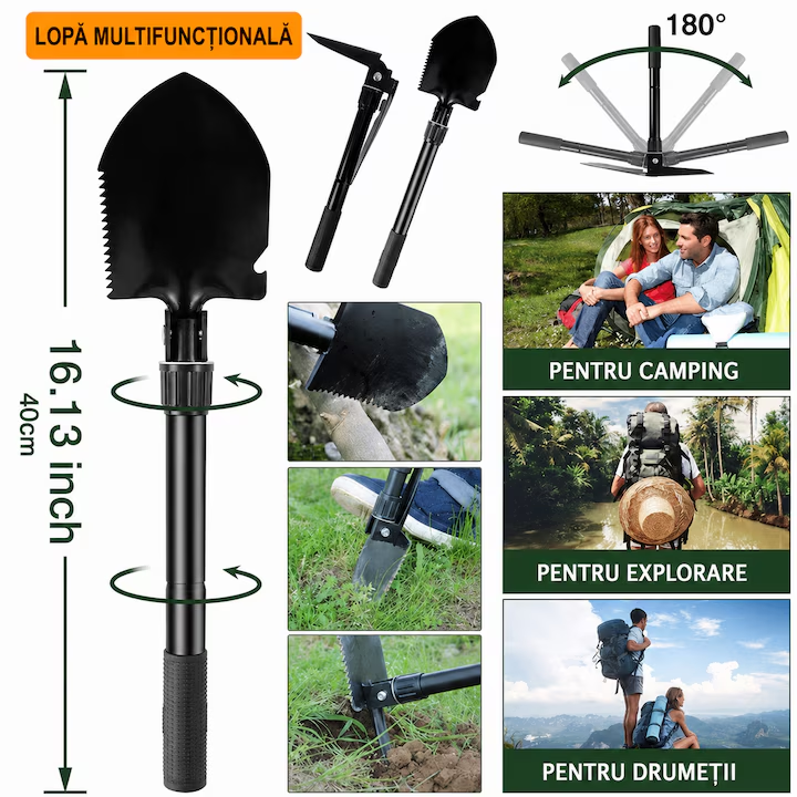 Kit Supravietuire 34 in 1, cu Lopata Pliabila, Topor Multifunctional, Lanterna, Trusa Tactica de Prim Ajutor, pentru Camping, Drumetii si Pescuit, Cadou Barbati, Tati, Soti si Iubitori de Aventura, Negru
