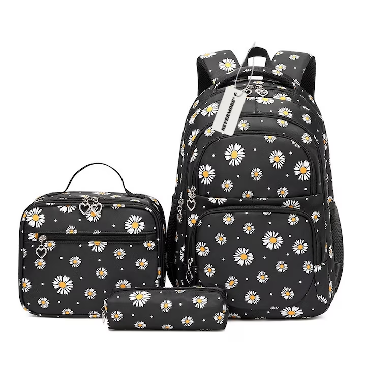 Set ghiozdan scoala cu penar si geanta, NEVERMORE, Imprimeu margareta, Rezistent apa, 43 x 29 x 16 cm