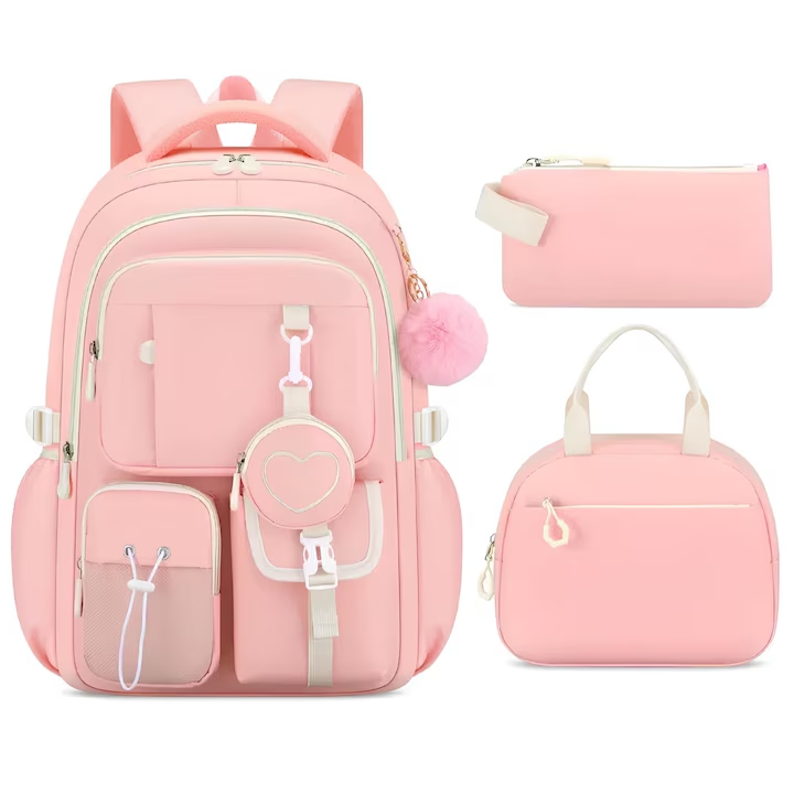 Set Ghiozdan scolar 3 in 1 pentru Fete, Rucsac 45x30x17 cm, Geanta Pranz si Penar, Compartiment Laptop, Multiple Buzunare, Rezistent la Apa