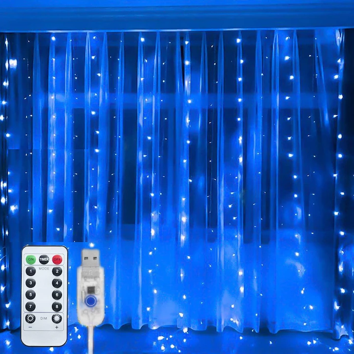 Instalatie de Craciun, NEVERMORE, Perdea, 3 m x 3 m, 300 led, 8 Moduri, alimentare USB, cu carlig, Rezistent Apa, Luminozitate reglabila, cu Telecomanda, Albastru