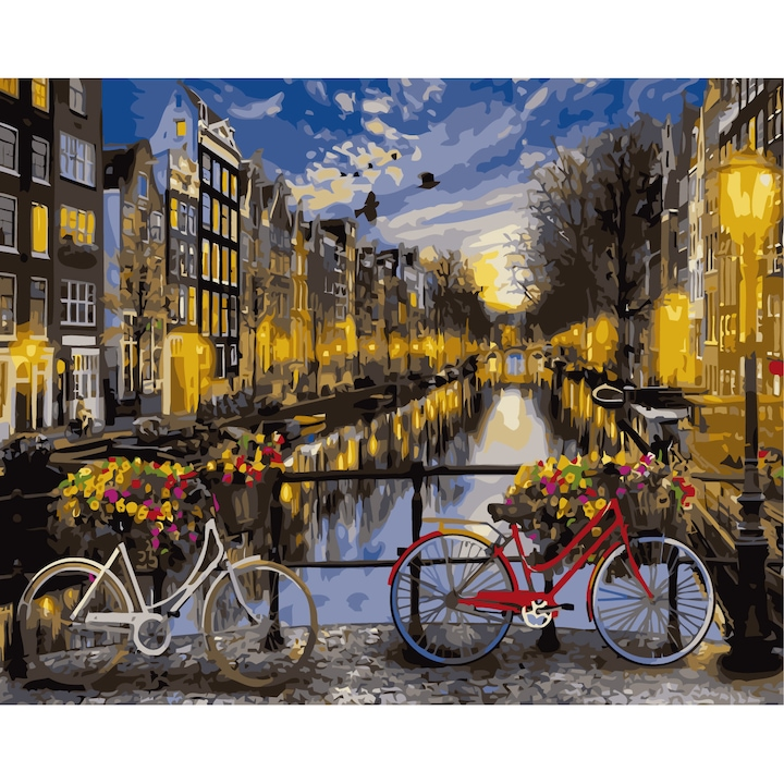 Set pictura pe numere - panza pe rama lemn 40x50 cm, vedere de noapte, NEVERMORE® 273, tablou cu schita, 3 pensule si vopsea acrilica