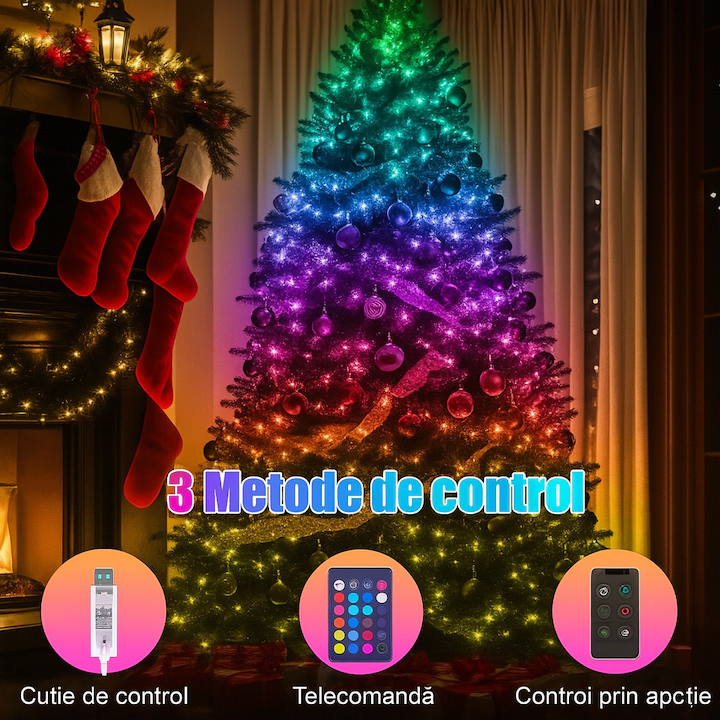 Instalatie Craciun Brad Smart cu telecomanda, NEVERMORE, RGB, 100 LED-uri, 10m, Tip fir, Schimbare Libera a Culorilor prin Aplicatie Bluetooth, Exterior/Interior, Alimentare USB, Multicolora