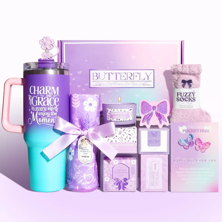 Set Cadou pentru Femei NEVERMORE Butterfly Collection, Cana Termos 1200ml cu Pai, Set Spa, Lumanare, Sosete Pufoase, Bila de Baie, Sapun, Prosop Par, Cadou pentru Ea, Ziua Nastere, Craciun, Mama, Sotia, Prietena