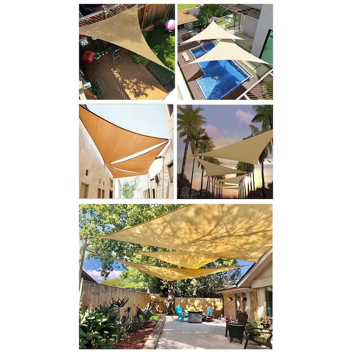 Copertina solara forma triunghiulara, NEVERMORE®, Panza parasolar pentru terasa, balcon, gradina, cu agatatoare, 3×3×3m, Crem