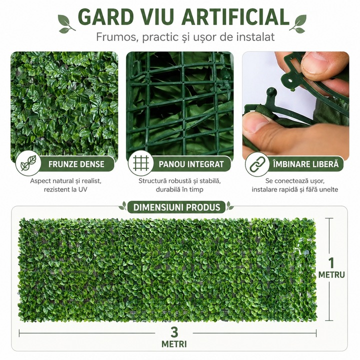 Gard paravan viu cu frunze artificiale, NEVERMORE, 300x100 cm, Potrivit pentru decorarea interioara si exterioara pe terase, balcoane, gradini si curti, Usor de instalat, Verde inchis