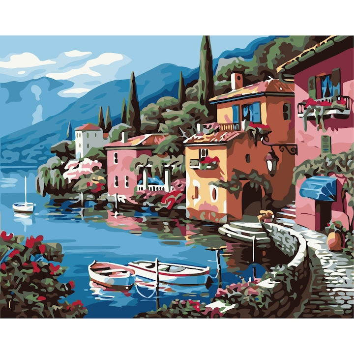 Set pictura pe numere - panza pe rama lemn 40x50 cm, pe malul lacului, NEVERMORE®, tablou cu schita, 3 pensule si vopsea acrilica