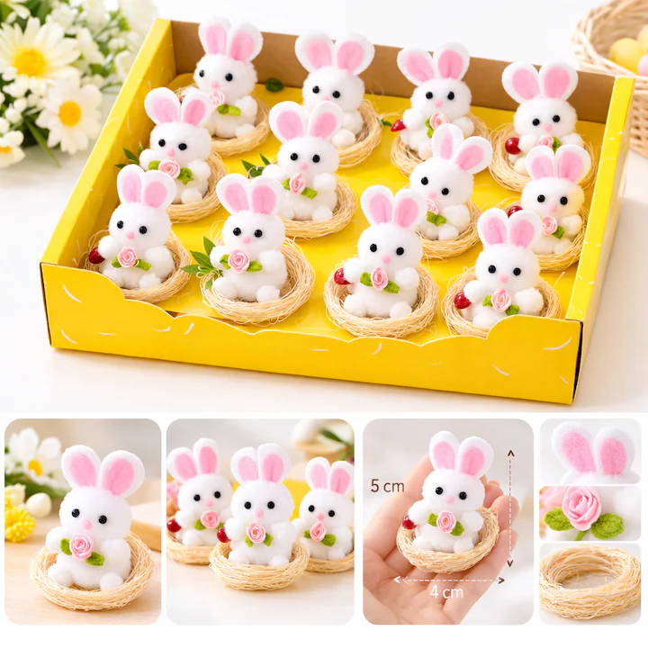 Set 12 Iepurasi Decorativi pentru Paste cu Cuib, NEVERMORE, Ornamente de Paste pentru Masa sau Cos Cadou, Decoratiuni Primavara, Mini Figurine Iepuras 5x4 cm, Multicolor