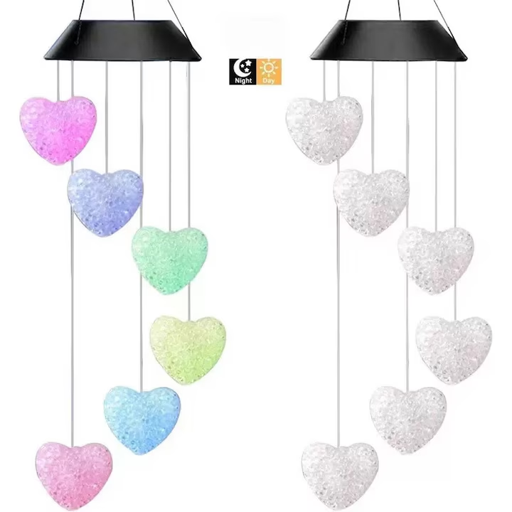 Lampa solara, NEVERMORE, Clopotei de vant, 6 inima, Incarcare cu solar, Impermeabil, Multicolor