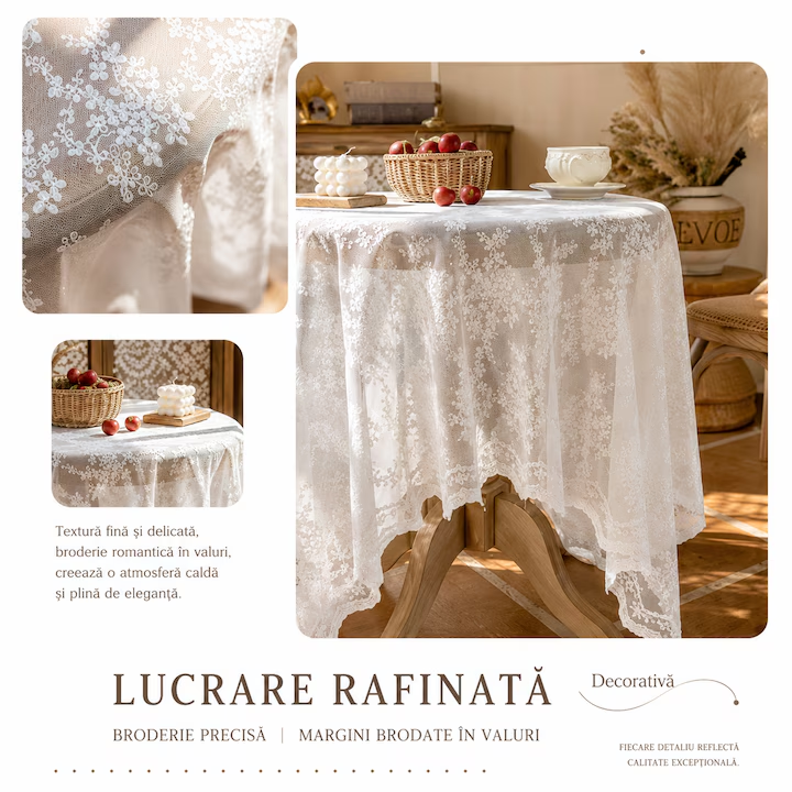 Fata de Masa din Dantela 140 x 140 cm, Patrata, Poliester, Stil Francez Romantic, Fata de Masa Decorativa Vintage pentru Masa Rotunda sau Patrata, Alb