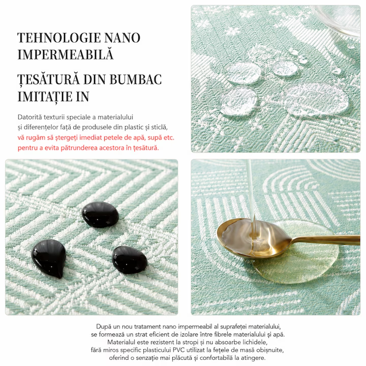 Fata de masa premium, aspect in, Rezistenta la apa, lavabila, rezistenta la pete, cu ciucuri decorativi, pentru bucatarie si sufragerie