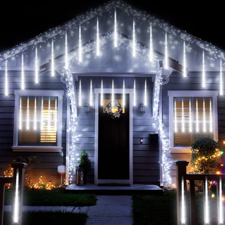 Instalatie de Craciun, Nevermore®, tuburi, tip turturi iluzia unor turturi de gheata in topire 288 LED, 8 turturi x 36 LED, 3.5m, lungime turture 50 cm, Mufa Interconectabila, Alb rece