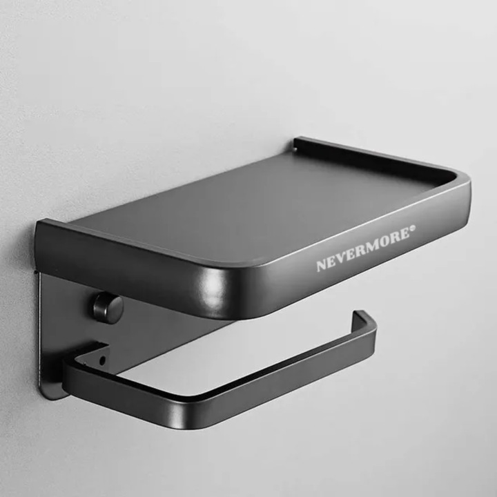 Suport hartie igienica cu raft depozitare telefon, NEVERMORE, aluminiu spatial, Negru