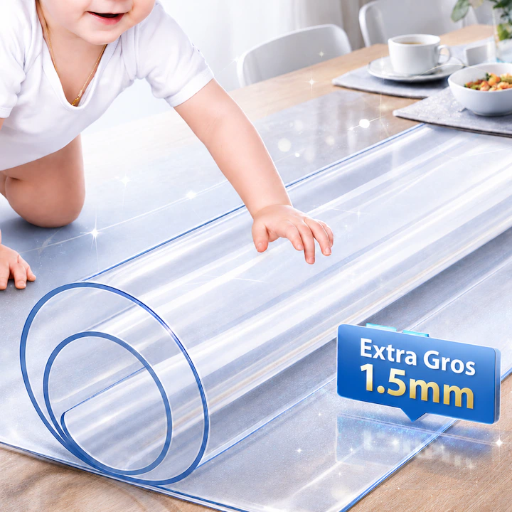 Folie Protectie Masa Transparenta PVC 1.5 mm, Extra Groasa, fata de masa, Impermeabila, Anti-Ulei, Rezistenta la Zgarieturi, Fara Miros, Sigura pentru Contact cu Alimentele