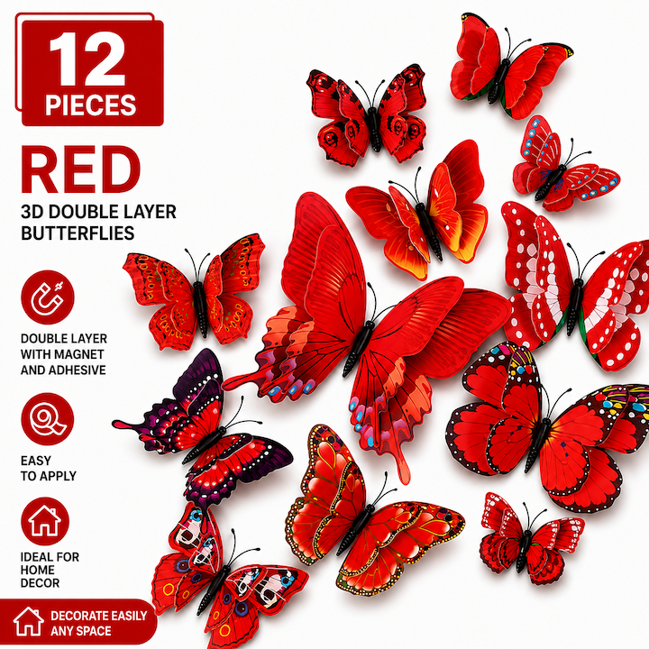 Set 12 Fluturi 3D pentru Perete, Autocolante Decorative cu Magnet si Adeziv, PVC Rezistent, Decor Casa, Dormitor, Living, 12 / 10 / 8 / 6 cm