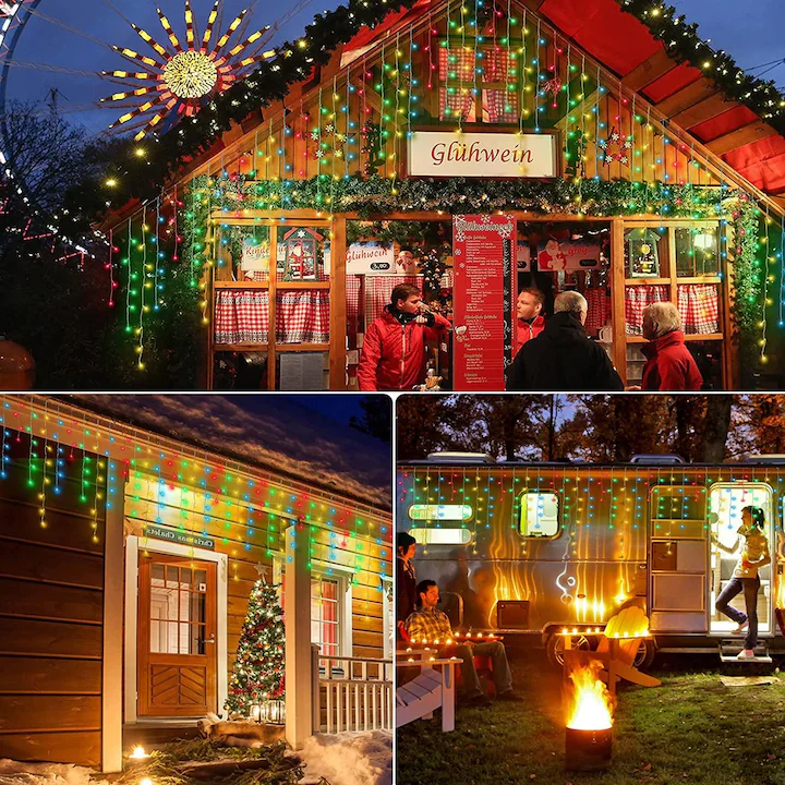 Instalatie Craciun Turturi cu Flash, NEVERMORE, 23.5 m, 500 Led-uri, Rezistent Apa, Perdea, Franjuri, Exterior/Interior, Interconectabila, Fir Alb gros, Multicolor