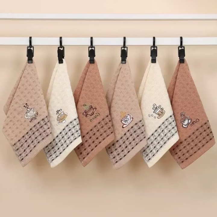 Set 12 Prosoape de Bucatarie din Bumbac, 24 x 48 cm, Model Coffee, Moi si Absorbante, Lavabile si Reutilizabile, Culori Asortate