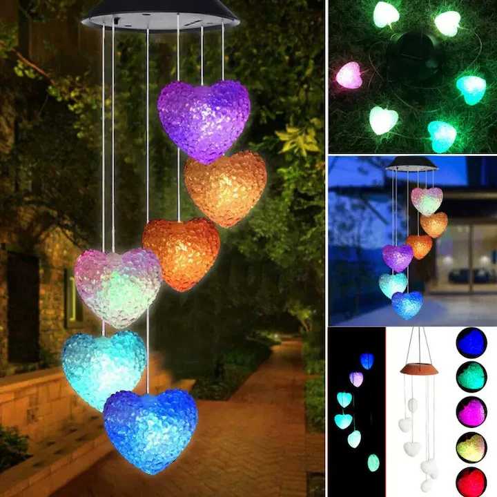 Lampa solara, NEVERMORE, Clopotei de vant, 6 inima, Incarcare cu solar, Impermeabil, Multicolor