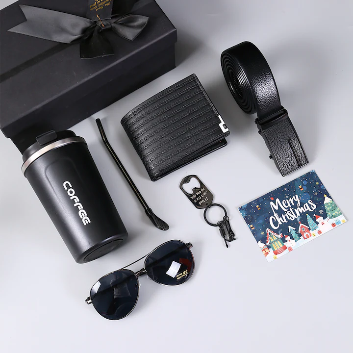 Set cadou pentru barbati 7 piese, NEVERMORE®, Cana de Cafe, Portofel piele ecologica, curea cu catarama metalica, ochelari soare, felicitari, cutie Luxury, cadoul ideal/zi de nastere, negru