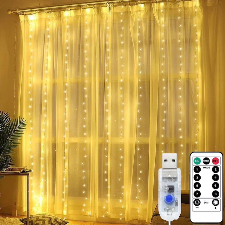 Instalatie de Craciun, NEVERMORE, Perdea, 3 m x 3 m, 300 led, 8 Moduri, alimentare USB, cu carlig, Rezistent Apa, Luminozitate reglabila, cu Telecomanda, Alb cald