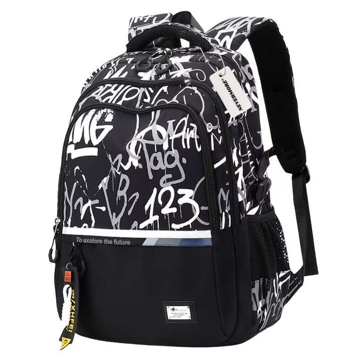 Ghiozdan scoala, NEVERMORE, Imprimare numerica, Stil simplu pentru calatorie si scolar, capacitate mare, 48 x 33 x 19 cm, Negru/Alb