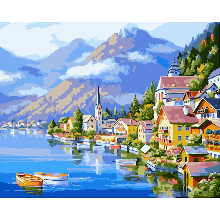 Set pictura pe numere - panza pe rama lemn 40x50 cm, pe malul lacului, NEVERMORE®, tablou cu schita, 3 pensule si vopsea acrilica