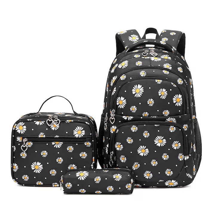 Set ghiozdan scoala cu penar si geanta, NEVERMORE, Imprimeu margareta, Rezistent apa, 43 x 29 x 16 cm