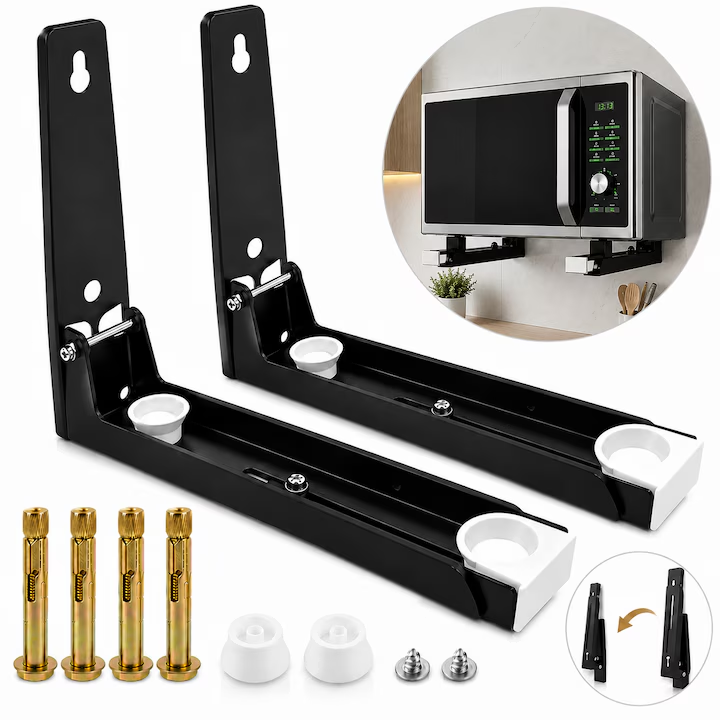 Set 2 suporturi cuptor microunde Universale, Reglabil 23.5-40 cm, Brat Pliabil, Extensibil, Montare pe Perete, Raft Pentru Cuptor, Capacitate 30 kg, Negru