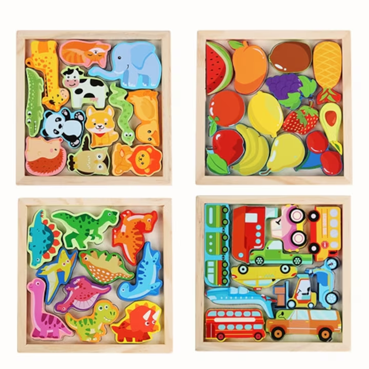 Set 4 puzzle educativ lemn pentru copii, 46 piese, NEVERMORE, Multicolor