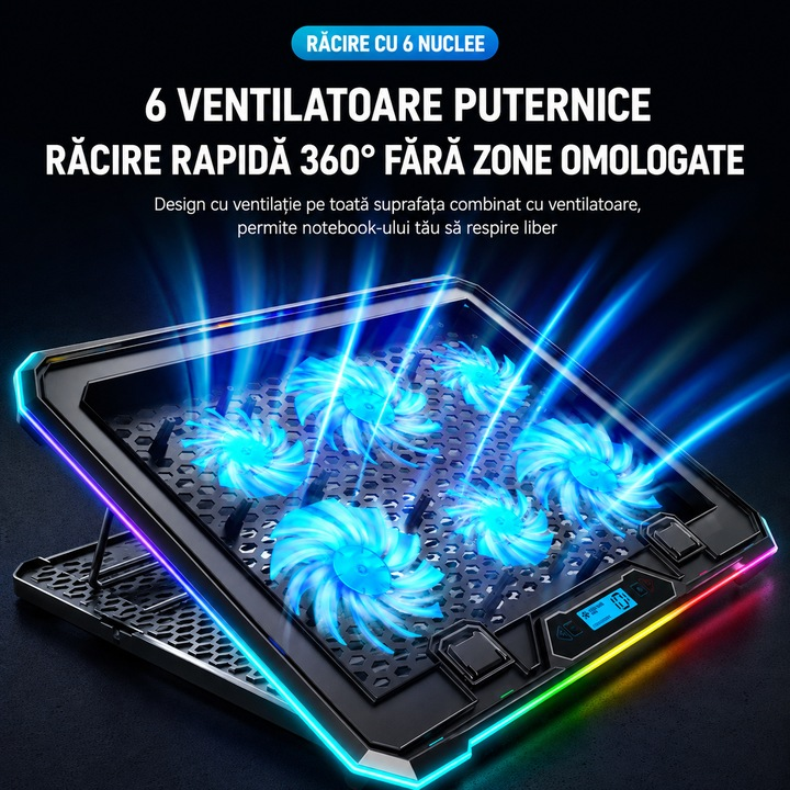 Cooler Laptop Gaming RGB cu 6 Ventilatoare Puternice si Silentioase cu Viteza Ajustabila, 7 Efecte de Iluminare, Ecran LCD, 8 Trepte de Inaltime, USB Pass-Through, Suport Telefon, pentru Birou, Calatorii, Negru