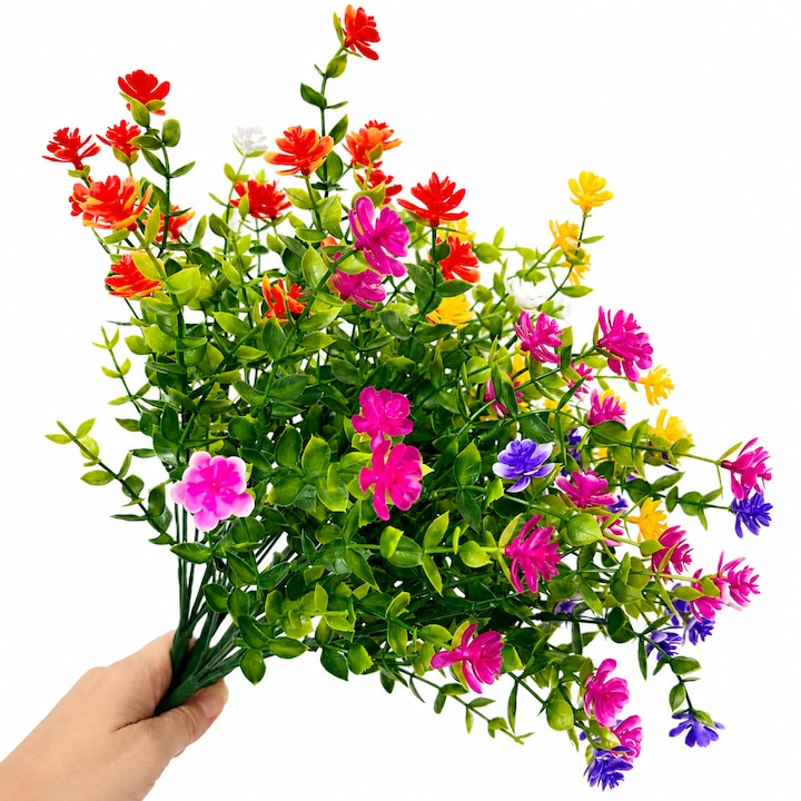 Set 12 Buchete Flori Artificiale, Plante Decorative pentru Interior si Exterior, Gradina, Balcon, Ghiveci, Birou, Nunta, Petrecere, Multicolor